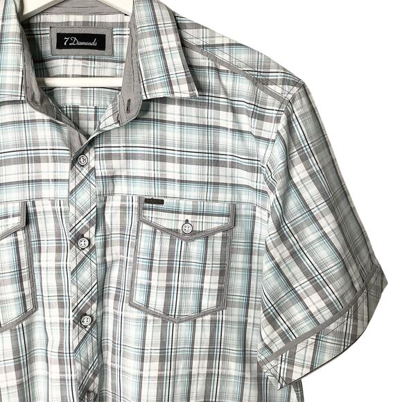 7 Diamonds Blue Gray White Plaid Short Sleeve Button Up Shirt XL - Picture 1 of 11